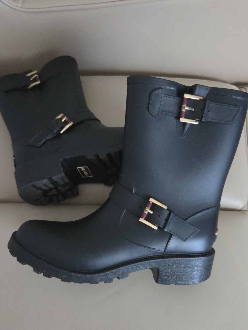 Women's Black Rain Boots with Red Lining - Classic Buckle Design